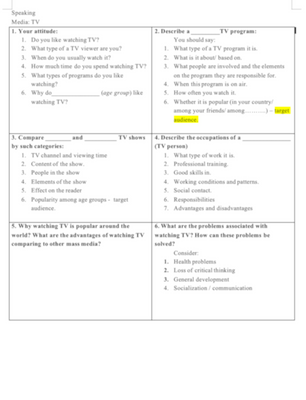TV Speaking Tasks, Television, Level 6, Level 7, Level 8, Level 9, Level 10, Speaking/Writing Card