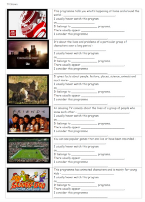 TV Shows Describe Worksheet, Television, Level 6, Level 7, Level 8, Level 9, Level 10, Worksheet