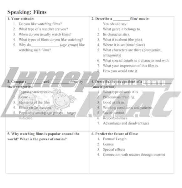 Films Speaking Tasks, Films, Level 6, Level 7, Level 8, Level 9, Level 10, Speaking Map