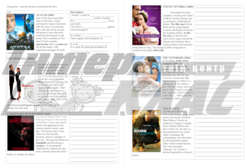 Films Genres Worksheet , Films, Level 6, Level 7, Level 8, Level 9, Level 10, Speaking/Writing Card