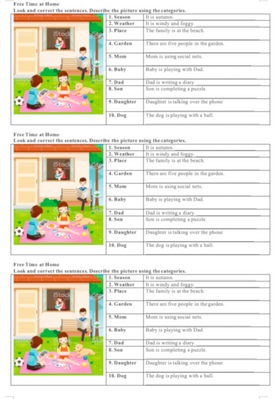 Free Time at Home Writing Correcting Cards Level 4, Free Time Activities, Level 4, Worksheet