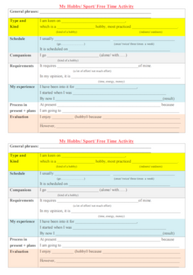 Hobby Speaking Writing Card Level 7, Hobbies, Level 7, Speaking/Writing Card