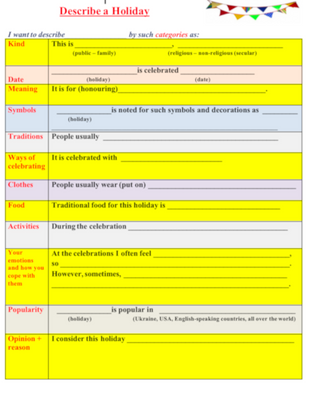 Holiday Writing Speaking Card Level 6, Holidays & Vacations, Level 6, Speaking/Writing Card