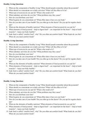 Healthy Living Questions, Healthy Lifestyle, Worksheet