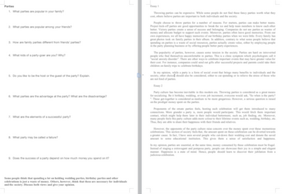 Parties Questions, Parties, Level 8, Level 9, Level 10, Worksheet