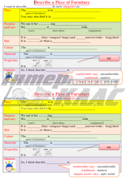 Furniture Chores Writing Speaking Card Level 5, House Chores, Level 5, Speaking/Writing Card