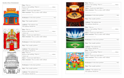 Describe a Place of Entertainment Speaking card on Topic Map, Entertainment, Level 6, Level 7, Level 8, Level 9, Level 10, Speaking/Writing Card