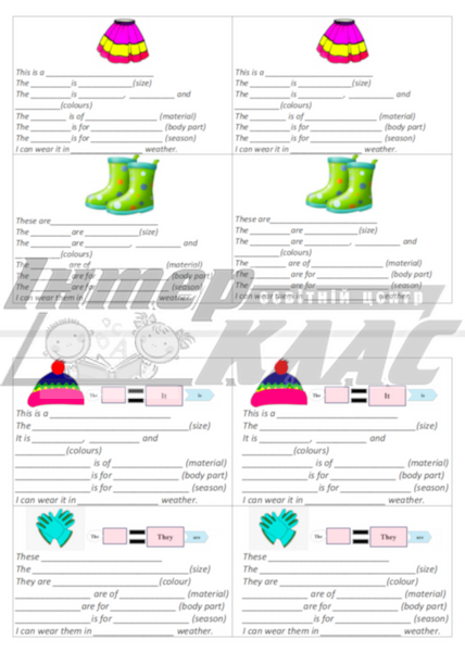 Clothes Writing Card Level 2, Clothes, Level 2 / A1+, Speaking/Writing Card